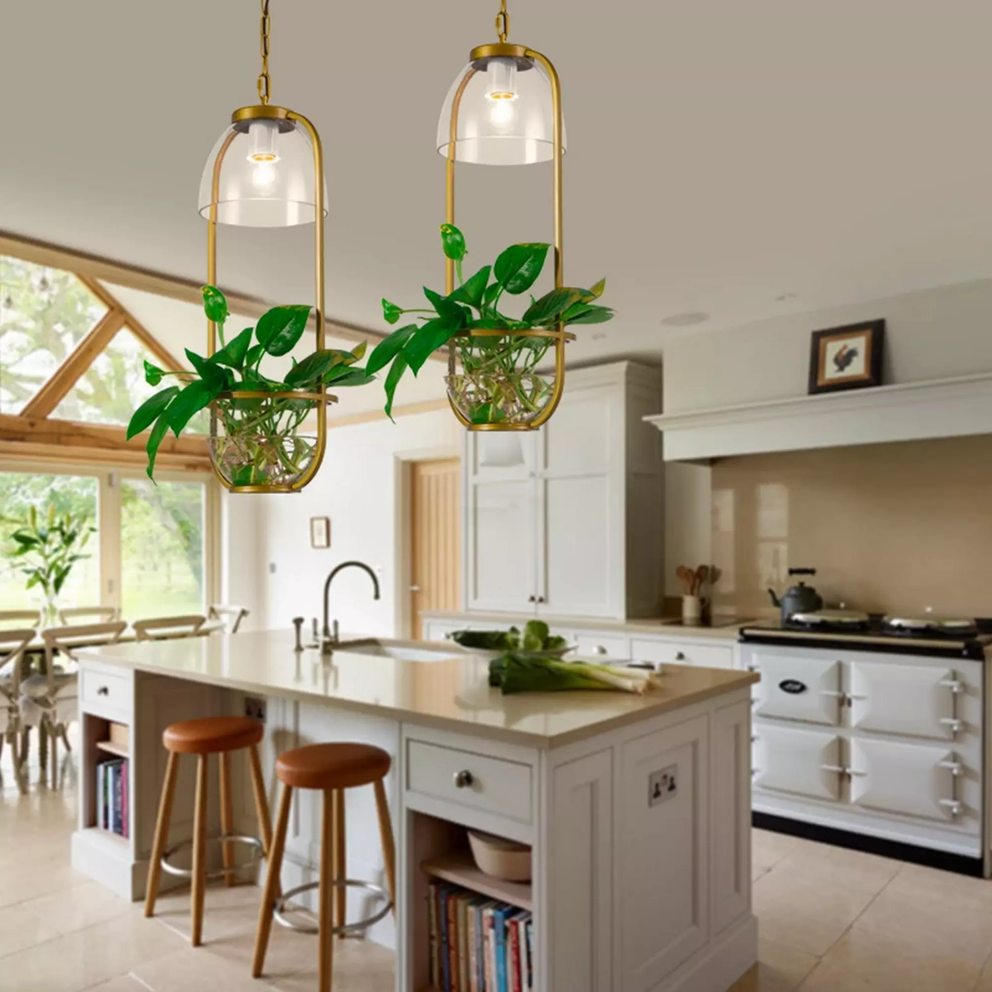 Nordic Plant Chain Pendant Lamp with space for plants and warm golden finish