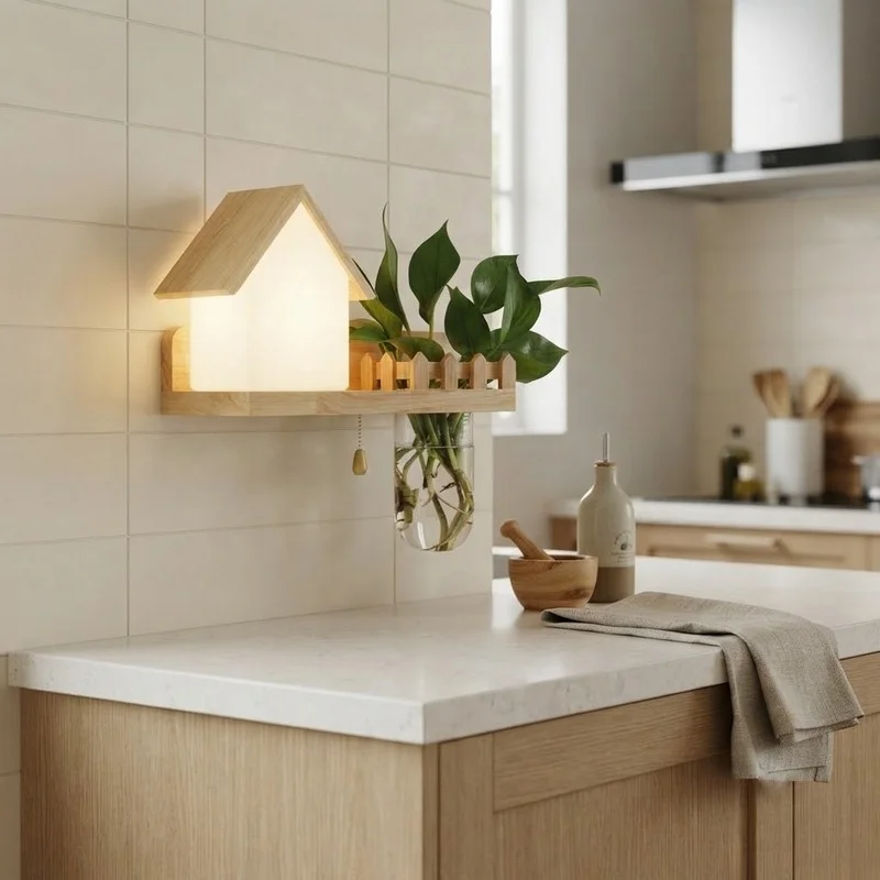 Wood House Design Plant Wall Lamp - Image 3