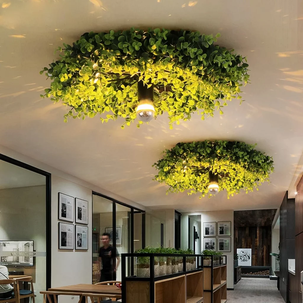 Retro Style Green Plant Ceiling Light fixtures with lush foliage surround bulbs, casting warm glow over modern hallway interior with wood and glass accents