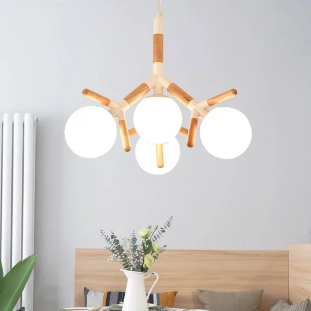 Modern 4 Heads Wooden Chandelier with sleek white and natural wood accents, featuring four round white glass bulbs for a minimalist look.