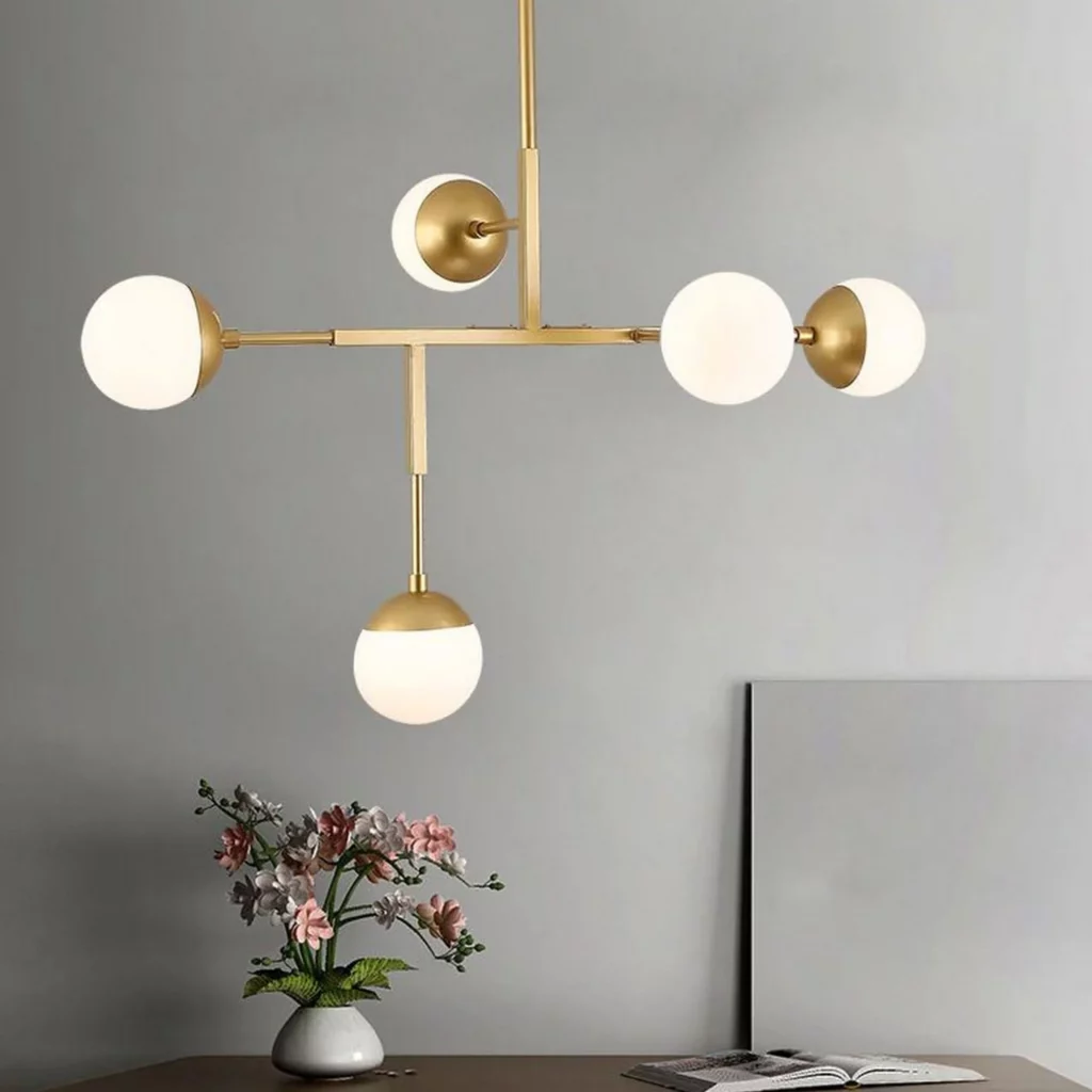 Glass Ball Linear Branch Chandelier with unique metallic golden finish
