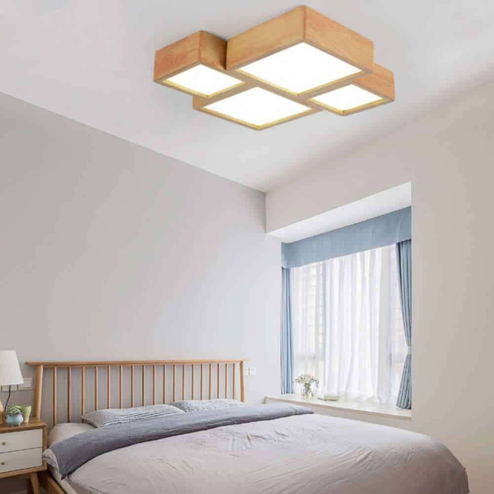 Square Box Design LED Ceiling Light in modern bedroom with wooden frames and soft glow, minimalist geometric ceiling fixture