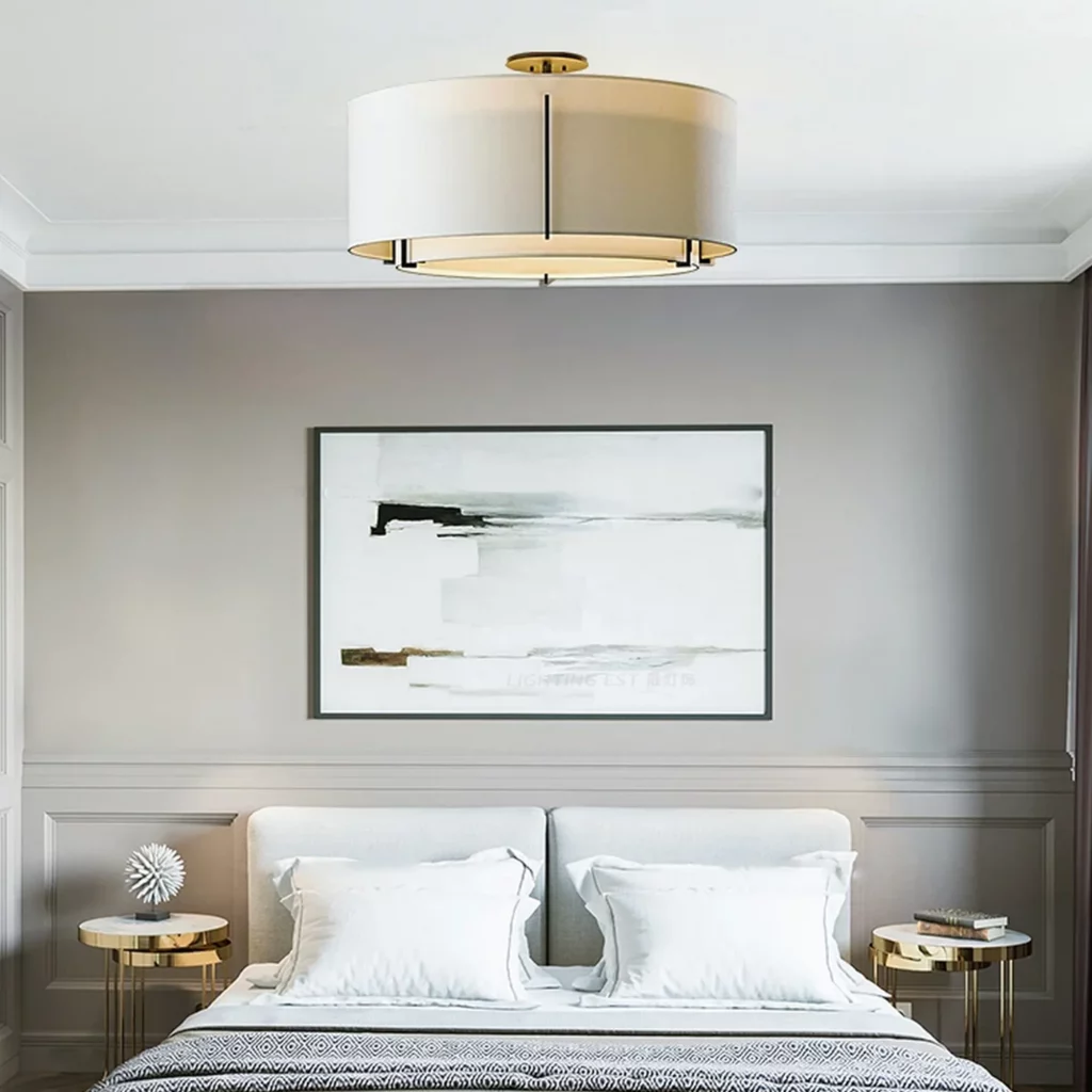 Decorative Round LED Ceiling Lamp with a drum-style fabric shade and gold accents.