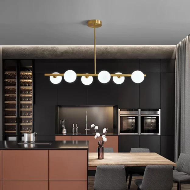 Soft Ambient Globes in a Linear Arrangement featuring evenly spaced spherical lights, modern design, and warm inviting illumination.