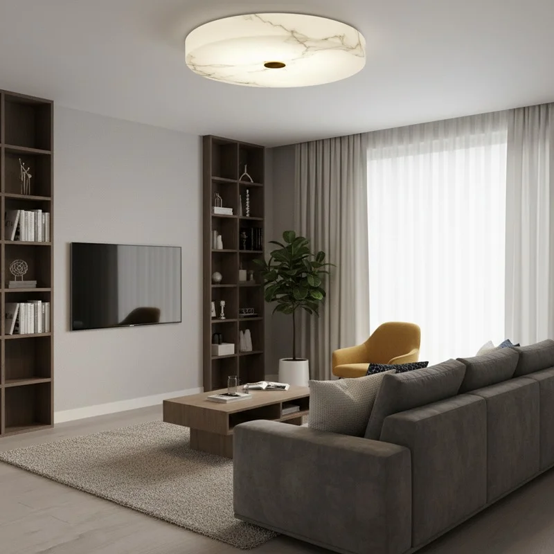 This modern living room features a Classical Marble Round Design Ceiling Light as a central focal point, casting a warm glow