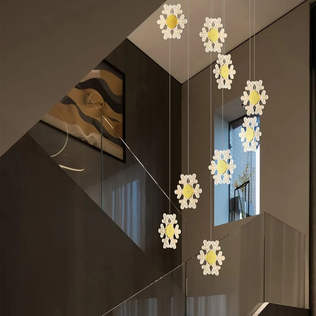 Snowflake Design Hanging LED Chandelier with elongated warm snowflake like design