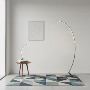 Arched Table & Floor Lamp in a minimalist room with geometric rugs and a framed artwork on the wall.