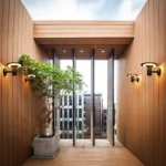 Spec 1.1-61463 UFO Shaped LED Outdoor Wall Light illuminating a modern wood-paneled outdoor hallway with warm ambient glow.