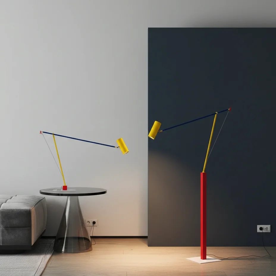 Ettorino Floor & Table Lamp set featuring vibrant yellow, red, and blue accents with adjustable arms, creating a playful, modern design.