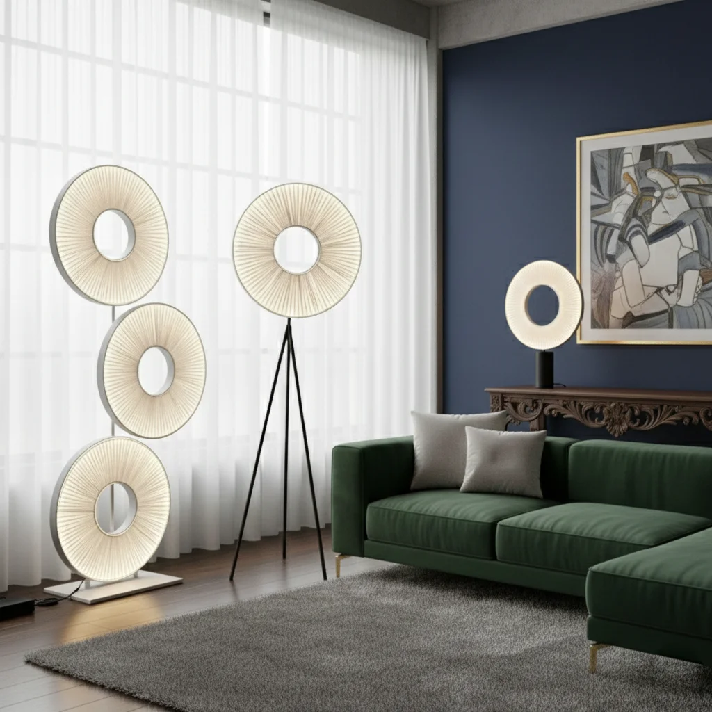 Iris Floor & Table Lamp set featuring sleek, circular light designs with minimalist black stands, placed in a modern living room with a green sofa.