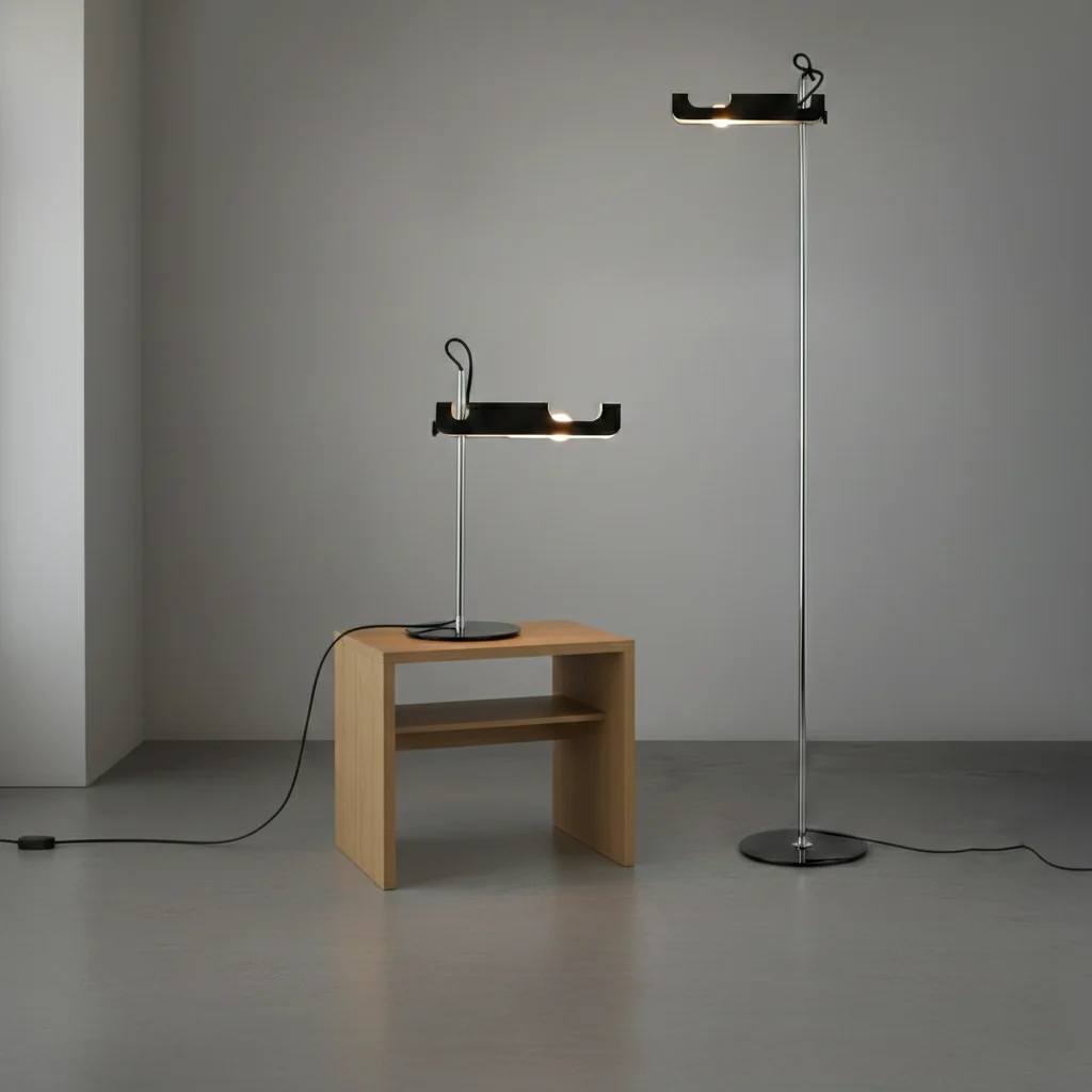 Spider Floor & Table Lamp in black with unique, curved designs, placed on a wooden table and sleek floor base.