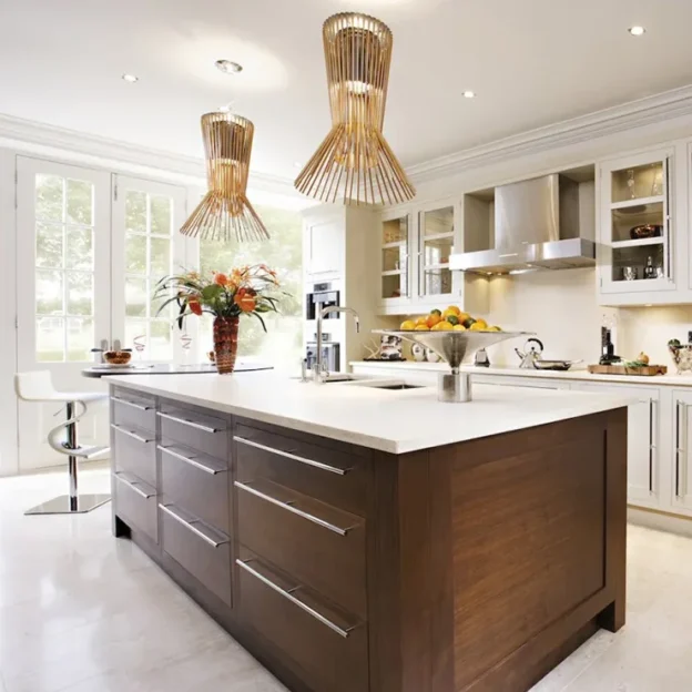 Modern white kitchen with island and wooden cabinets, featuring Allegretto Vivace Suspension lights adding elegant ambient lighting
