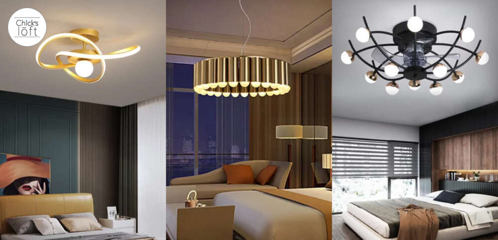 Three side-by-side bedroom interiors featuring modern gold and black chandeliers with sculptural, circular, and globose designs.